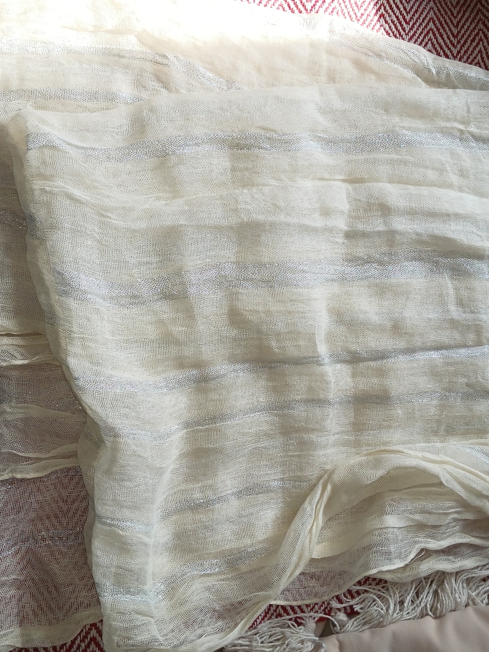 Light Cream Sheer Scarf with Subtle Metallic Stripes